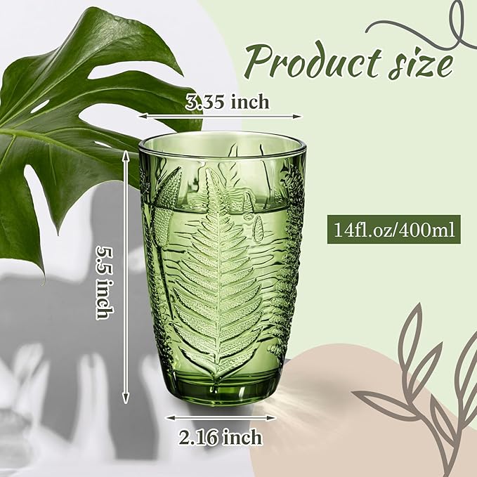 Reallnaive Green Drinking Glasses Set of 8, Boho Aesthetic Vintage Glassware Fern Paisley Carving Textured Tumbler Water Cups Embossed Pattern Drinkware Cocktail Set for Xmas Gifts (14 oz,Highball)