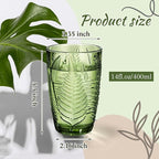 Reallnaive Green Drinking Glasses Set of 8, Boho Aesthetic Vintage Glassware Fern Paisley Carving Textured Tumbler Water Cups Embossed Pattern Drinkware Cocktail Set for Xmas Gifts (14 oz,Highball)