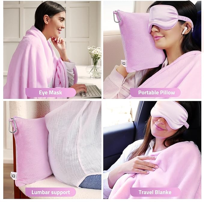 Travel Blanket, Airplane Blanket, Ultra-Soft, Warm & Lightweight, 65x40 in, Outdoor Blanket Essentials for Women, Men & Kids, Included Eye Mask, Luggage Sleeve & Backpack Clip Purple