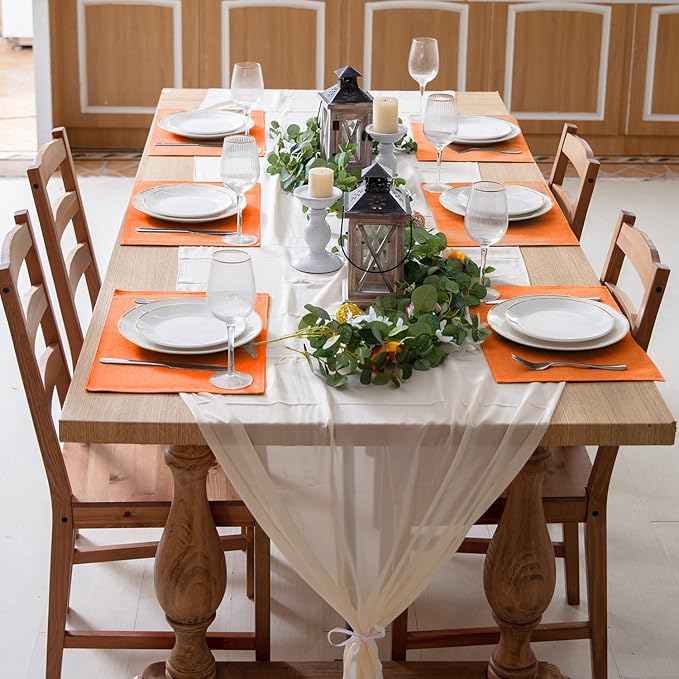 Linen Fabric Placemats Set of 4, Machine Washable, Heat Resistant, Wrinkle Free Thick Polyester Kitchen Place Mats for Dining Table (Orange)