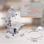 Commercial Electric Meat Bandsaw, 1500W Stainless Steel Countertop Bone Sawing Machine, Workbeach 19.3" x 15", 0.16-7.9 Inch Cutting Thickness, Frozen Meat Cutter with 6 Blades for Rib Pork Beef