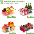Snack Organizer for Pantry Shelf, 2 Pack Clear Plastic Pantry Storage Bins with 3 Dividers for Snacks, Spices, Chips Food Organizer, Stackable Pantry Organizers for Kitchen, Fridge, Cabinet