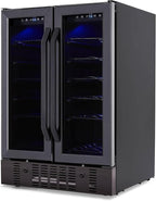 NewAir 24" Dual Zone Wine and Beverage Refrigerator, 18 Bottle & 58 Can, French Door Built-In Fridge with Lock, Black Stainless Steel Cooler, Digital Thermostat, Adjustable Shelves