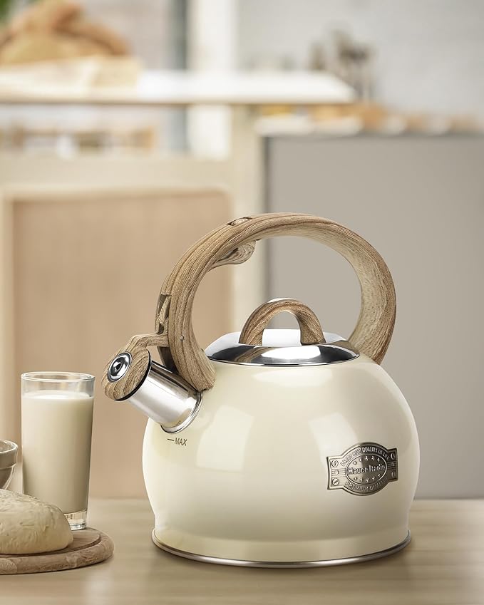 Hauce Radio Teapot for Stovetop, 2.1 Quart Stove Top Whistling Tea Kettle, Teapot Kettles with Food Grade Stainless Steel and Wood Pattern Folding Handle, Suitable for All Heat Sources