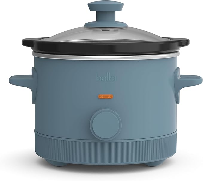 bella 1.5 Qt Slow Cooker with 3 Heat Manual Control, Ceramic Nonstick Coating, Dishwasher Safe Stoneware Pot and Tempered Glass Lid, Tangle Free Cord Wrap & Cool Touch Handles, Surf