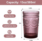 ZMOWIPDL Vintage Glassware Drinking Glasses Set of 6,13 oz Purple Textured Flower Design Glass Water Tumblers，Embossed Striped Drinkware for Water,Cocktails,Juice,Iced Coffee