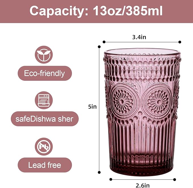 ZMOWIPDL Vintage Glassware Drinking Glasses Set of 6,13 oz Purple Textured Flower Design Glass Water Tumblers，Embossed Striped Drinkware for Water,Cocktails,Juice,Iced Coffee