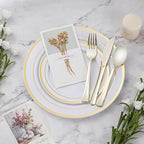 BESTVIP 150PCS Plastic Dinnerware Set (25 Guests), Gold Disposable Plates for Party, Wedding, Christmas, Anniversary, Includes: Dinner Plates, Dessert Plates, Cups, Spoons, Forks and Knives