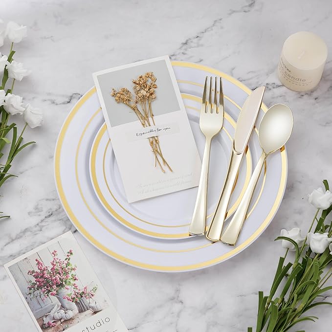 BESTVIP 900PCS Gold Dinnerware Set for 150 Guests, Plastic Plates for Party, 150 Gold Disposable Plates, 150 Dessert Plates, 150 Cups, 150 Spoons, 150 Forks and 150 Knives