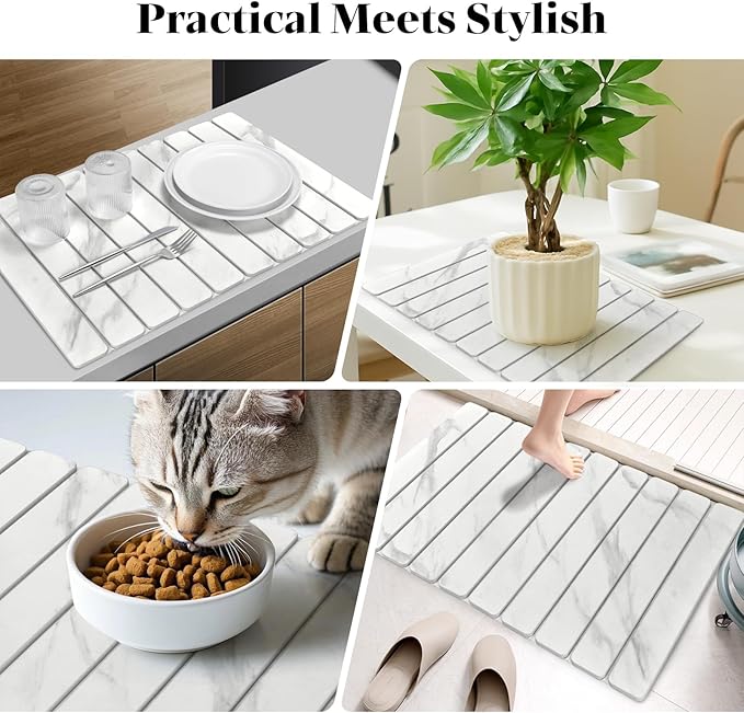 Large Stone Dish Drying Mats for Kitchen Counter, 24"(L)×16"(W) Marble-Pattern, Fast Drying Collapsible Dish Drying Mat, Eco-Friendly Absorbent Diatomaceous Earth Mats for Tableware, Match Countertop