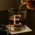 On The Rox (E-Monogram)- 4 Piece Set of 11 Ounce Engraved Heavy Base Rocks Glasses Elegant Glass-Multi-Purpose Beverage-Rocks Glass- Gift for any Occasion