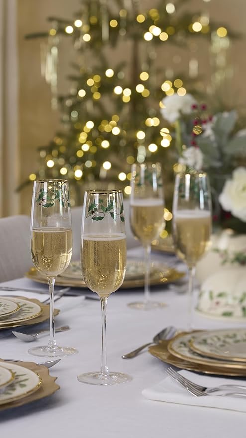 Lenox Glassware, Holiday Decal Flutes, Set of 4, 11-Ounce Capacity, Made From Glass, Flutes, Drinking Glasses Set, Home And Kitchen, Champagne Flute, Champagne Glasses (Clear, 4 Piece)
