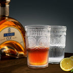 Loivttvv 6pcs Vintage Drinking Glasses Set, 12 oz Clear Highball Glasses, Embossed Ribbed Glassware Cups for Cocktail, Water, Juice, Coffee, Whiskey