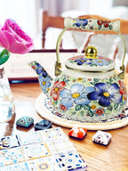 Blue Floral Enamel Tea Kettle Vintage Gold Beige Teapot Blue Floral Boho Hot Water Coffee Kettle Pot 2.5L Porcelain Tea Pot with Ceramic Handle for Stovetop Kitchen Home Decor