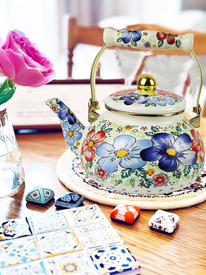 Blue Floral Enamel Tea Kettle Vintage Gold Beige Teapot Blue Floral Boho Hot Water Coffee Kettle Pot 2.5L Porcelain Tea Pot with Ceramic Handle for Stovetop Kitchen Home Decor