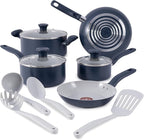 T-Fal Ceramic Nonstick Cookware Set, Oven Safe Up to 350ºF, 12-Piece, Includes Stockpot, Frying Pans, Utensils, Ceramic Pots and Pans Set, Dark Blue