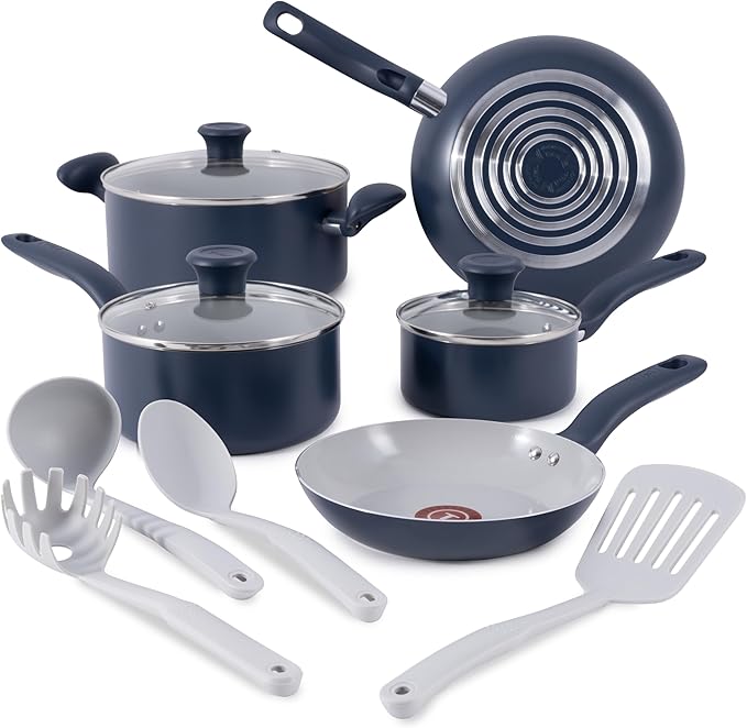 T-Fal Ceramic Nonstick Cookware Set, Oven Safe Up to 350ºF, 12-Piece, Includes Stockpot, Frying Pans, Utensils, Ceramic Pots and Pans Set, Dark Blue