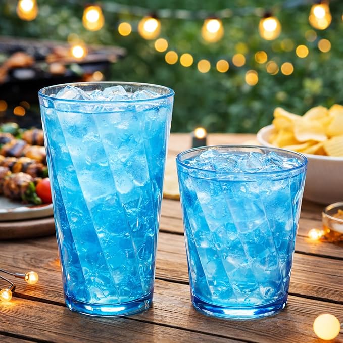 LemonRoad 24 Pack Reusable Plastic Drinking Glasses Set - 20oz & 13.5oz Stackable Tumbler, Shatter-resistant Highball Cups for Water, Cocktail, Iced Coffee, Indoor Outdoor Use, BBQ, Patio, Pool (Blue)