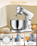 Facelle Tilt-Head Stand Mixer, 5QT+6QT Stainless Steel Two Bowls, 10 Speeds Kitchen Electric Food Mixer with Egg Whisk, Dough Hook, Beater, Dishwasher-Safe Attachment, Ideal Gift for Mom (Sliver)