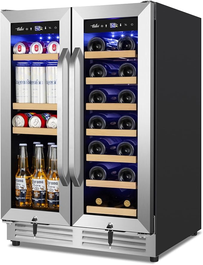 Wine and Beverage Refrigerator Under Counter, 24 Inch Beverage Fridge Dual Zone with Glass Door, Built In Beverage Cooler with Increase Capacity Space, Advanced Cooling System