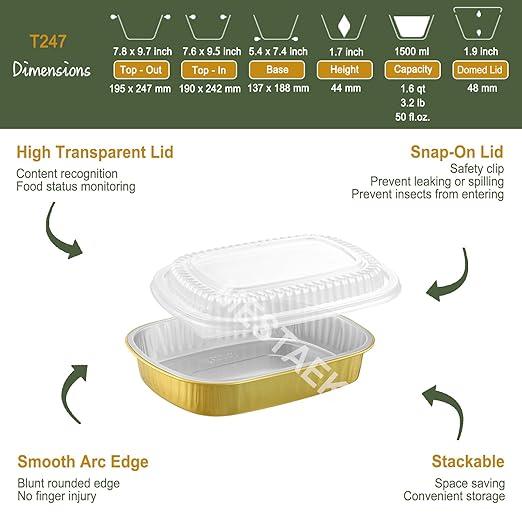 Oval Aluminum Foil Food Trays with Lids (5 Pack) – 2X Thicker Heavy Duty Gold Takeout Containers for Catering, Parties, Meal Prep & Food Serving, 50oz