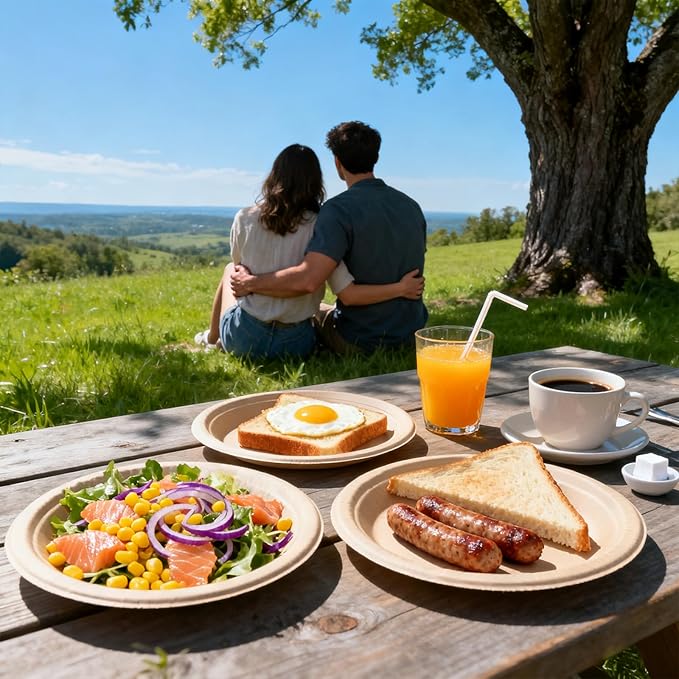 W&Y paper plates 9 Inch Disposable Paper Plates [100 Pack] - Heavy Duty Dinner Plates, Leak Proof & Microwave Safe, Cut Resistant & Compostable for Parties, Weddings, Catering Events