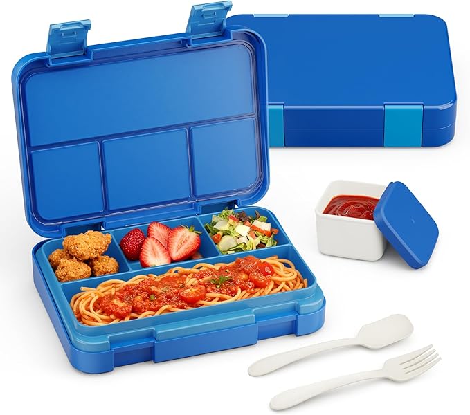 Bento Lunch Box for Kids, 4 Compartments Kids Leak Proof Bento Lunch Boxes Food Containers for School, Travel, On-the-Go Meal, Food Grade, Microwave, Dishwasher Safe, Pure Blue