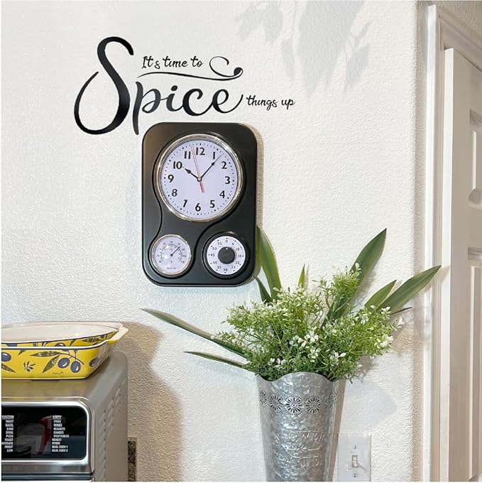 Lily's Home - 9.5 Inch x 12.5 Inch - Retro Kitchen Wall Clock, Vintage Wall Clock with a Thermometer and 60-Minute Timer, Ideal for Any Kitchen, Office, or Diner (Black)