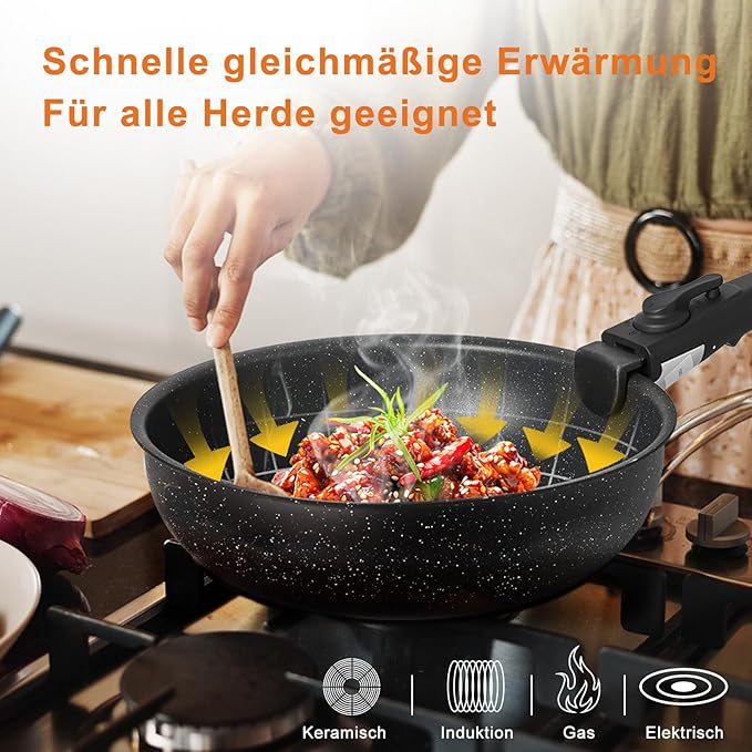 Sweetcrispy 12 pcs Pots and Pans Set, Nonstick Kitchen Induction Cookware Suit with Detachable Handle, Dishwasher Oven Safe, Black