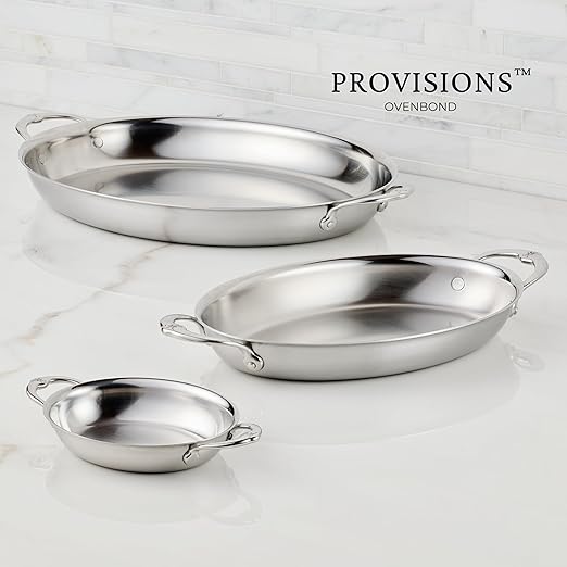 Hestan Provisions Oval Au Gratin Baking Dish, 2 Quart Clad Stainless Steel, 12.5 x 9 Inch - Oven Safe 600F, Kitchen to Table Serving, Designed with Thomas Keller