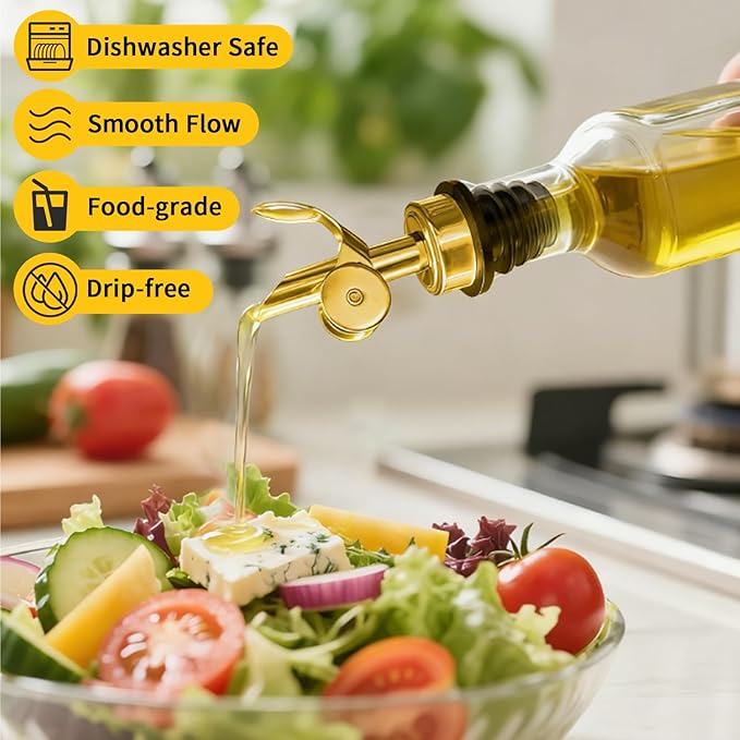 6 Pcs Auto Flip Liquor & Oil Pour Spout, 304 Stainless Steel Dispenser Spout for Olive Oil, Alcohol, Wine, Vinegar, Home & Bar Essential Tools, Gold