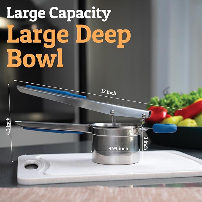 PriorityChef Large 15oz Potato Ricer, Heavy Duty Stainless Steel Potato Masher and Ricer Kitchen Tool, Press and Mash Kitchen Gadget For Perfect Mashed Potatoes - Everytime, Blue