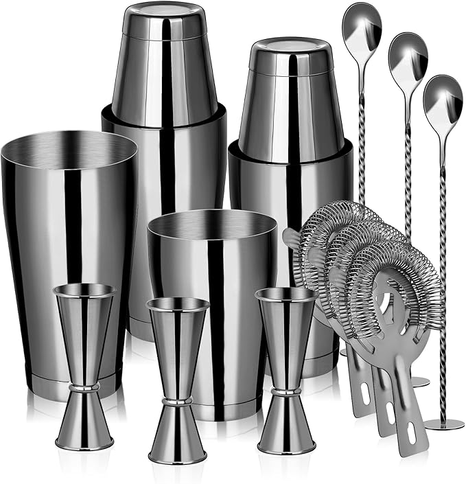 Mwellewm Cocktail Shaker Boston Shaker Set 15 Pcs Professional Bartender Kit Bar Shaker Stainless Steel Drink Shaker Bartending Beginner Martini Shaker Tin Mixed Alcohol Shaker Tool(Black)