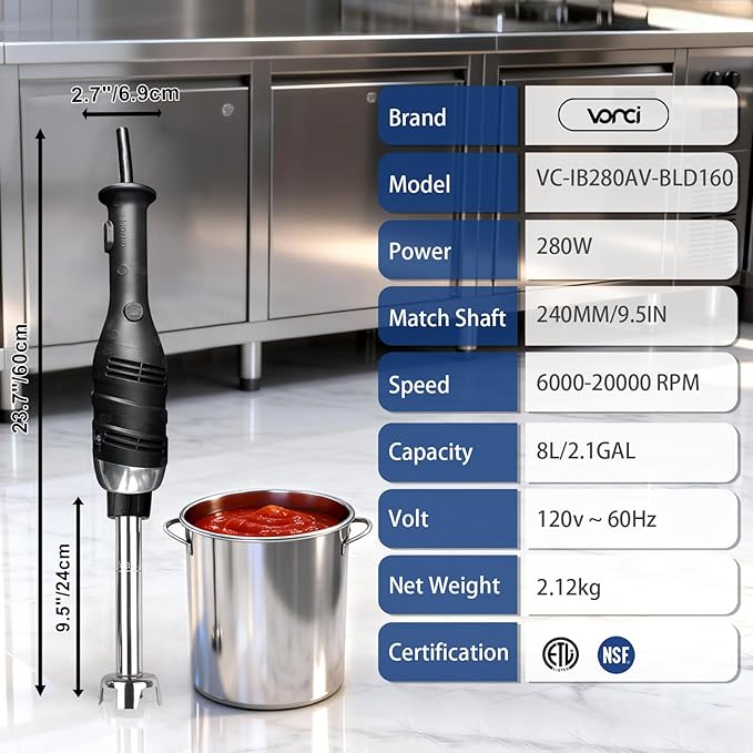 VONCI 280W Commercial Immersion Blender, Light Duty Hand Blender with Variable Speed 6000-20000RPM, Handheld Stick Mixer with 9.5" Detachable Shaft, Professional Blender for Restaurant Kitchen.