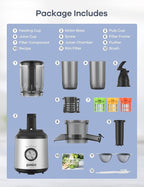 Ganiza Juicer Machines, Slow Masticating Juicers with Large Feed Chute for Whole Fruits & Vegetables, Cold Press Juicer with 3 Replace Filters for Batch Juicing, Easy to Clean, BPA Free(Silver)