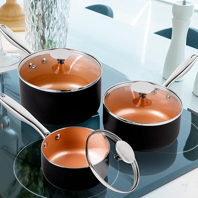 MICHELANGELO Sauce Pan Set, Ultra Nonstick Saucepan Set of 3, Ceramic Saucepans with Lids, 1 Qt & 2 Qt & 3 Qt Small Pot Set, Copper Sauce Pan with Lid