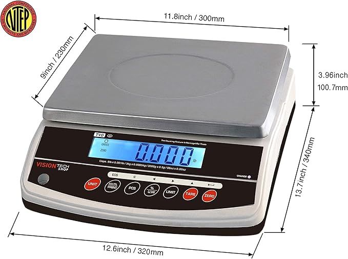 VisionTechShop TVD-6 Digital Bench and Counter Scale, Lb/Oz/Kg/g Switchable, 6lb Capacity, 0.001lb Readability, Counting and Percentage Mode, Single Display, NTEP Legal for Trade, CC# : 20-032