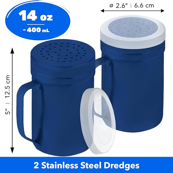 CUSINIUM 14oz Navy Blue Stainless Steel Salt Pepper Dredge Shakers - With Plastic Cap - With Handle - Pack of 2
