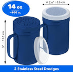 CUSINIUM 14oz Navy Blue Stainless Steel Salt Pepper Dredge Shakers - With Plastic Cap - With Handle - Pack of 2