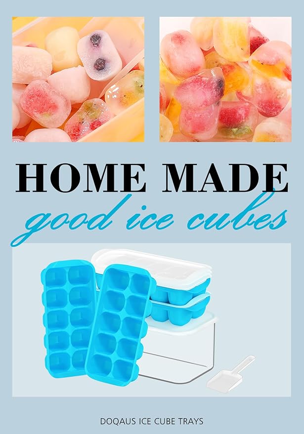 DOQAUS Ice Cube Tray with Lid and Bin - 4 Pack Ice Bucket Kits, Stackable Silicone Ice Trays for Freezer, Easy Pop Out, BPA Free for Cocktail, Coffee, Soup, Food, RV, Kitchen