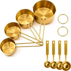 Gold 304 Stainless Steel Measuring Cup and Spoon Set, Stackable, 8-Piece, Long Handle for Narrow Bottles, Premium Gold Kitchen Utensils for and Cooking