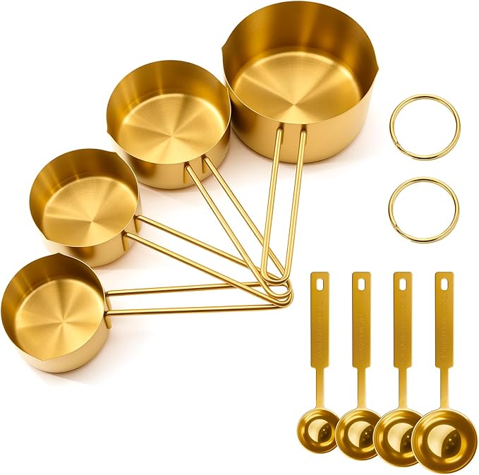 Gold 304 Stainless Steel Measuring Cup and Spoon Set, Stackable, 8-Piece, Long Handle for Narrow Bottles, Premium Gold Kitchen Utensils for and Cooking