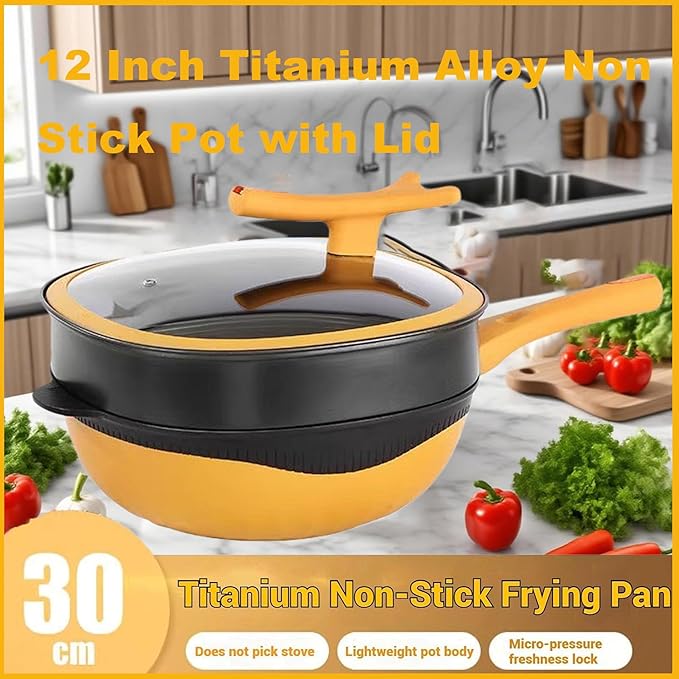 Titanium Ceramic Pan, 12in Titanium Alloy Non-Stick Pot with Lid with Steamer 2026 Upgrade Titanium Pot Titanium Frying Pans Nonstick Titanium Pots and Pans Cookware Sets