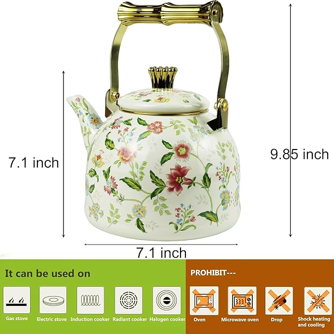 Vintage Enamel Tea Kettle, Fragrant Flowers Pattern Stovetop Teapot with Gold Handle, 2.5L Enamel Kettle Kitchen Decor, Ideal Gift for Housewarming Camping Coffee Pot