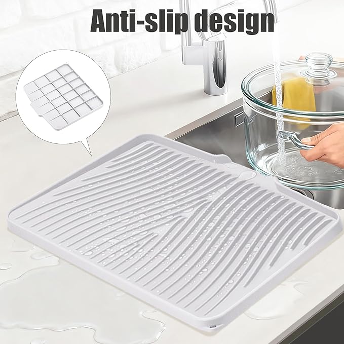 TIKNIK Silicone Dish Drying Mat, Stone Drying Mat for Kitchen Counter with Built-In Drain, Non-Slip Drain Pad with Built-in Drain, Heat Resistant Stone Drying Mat, Hangable, White-1pcs, 20" x 15"
