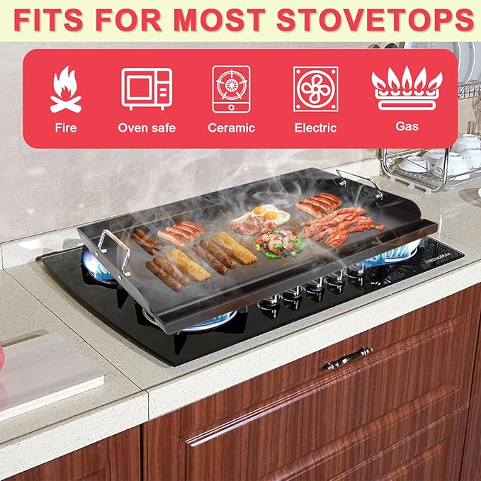 Universal Carbon Steel Griddle for Gas Grill/Kitchen Stove Top, Large Griddle Pan for Camp Camping,Tailgating and BBQ Accessories, Plancha Para Cocinar, 25" x 16" Stove Top Skillet Pan, Gift for men