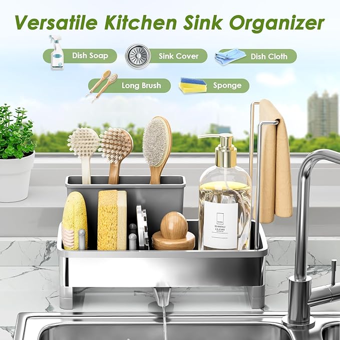 Ewaiira Stainless Steel Sink Caddy, Sponge Holder for Kitchen Sink with Brush Holder Dishcloth Rack, Rustproof Sink Organizer Countertop, Soap Dispenser Kitchen Organizers Storage Essentials, Gray9.8″