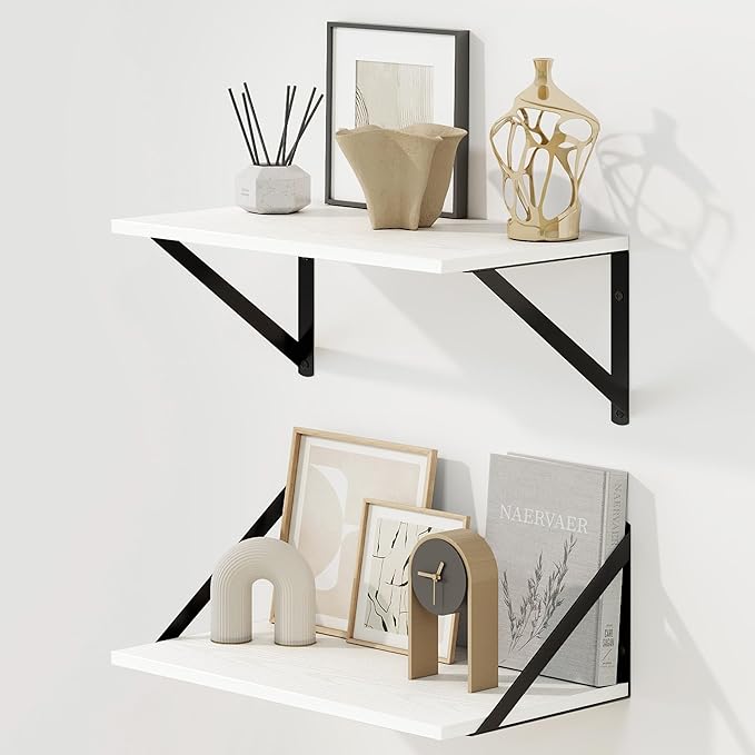 Fun Memories Deep Floating Shelves for Wall, 16W x 8D Wall Mounted Shelves Set of 2, Wide Display Ledge Shelf with Sturdy Metal Brackets for Living Room, Bathroom, Bedroom and Kitchen, White