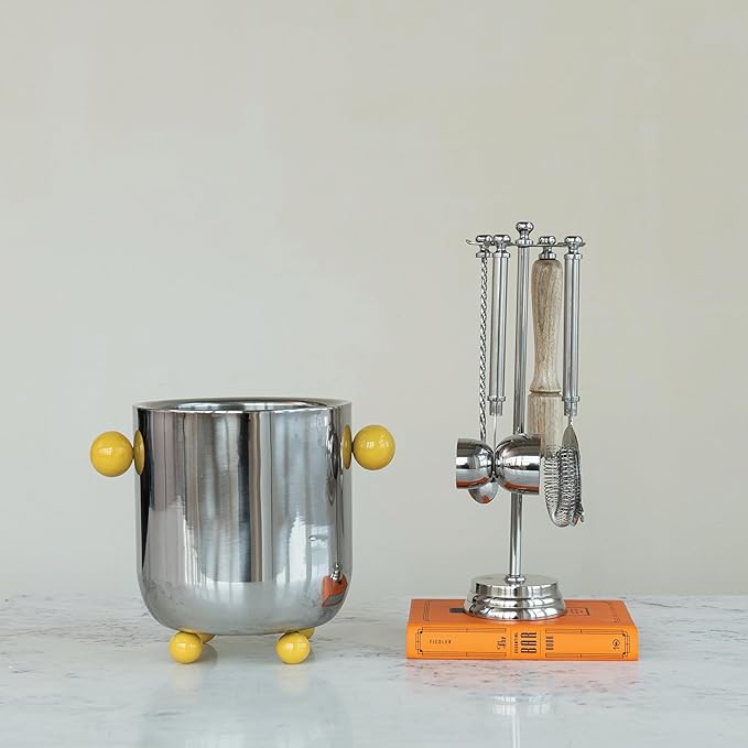 Creative Co-Op 5-Piece Stainless Steel and Mango Wood Bar Tools with Stand, Nickel Finish and Natural