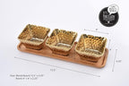 ampa Bay Gold Porcelain Entertaining Set, 3 Square Snack Bowls with Wood Tray